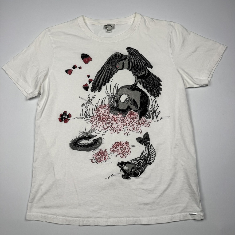 Diesel Shirt Mens Medium White Skull Crow Flowers Graphic T-Shirt Tee Portugal